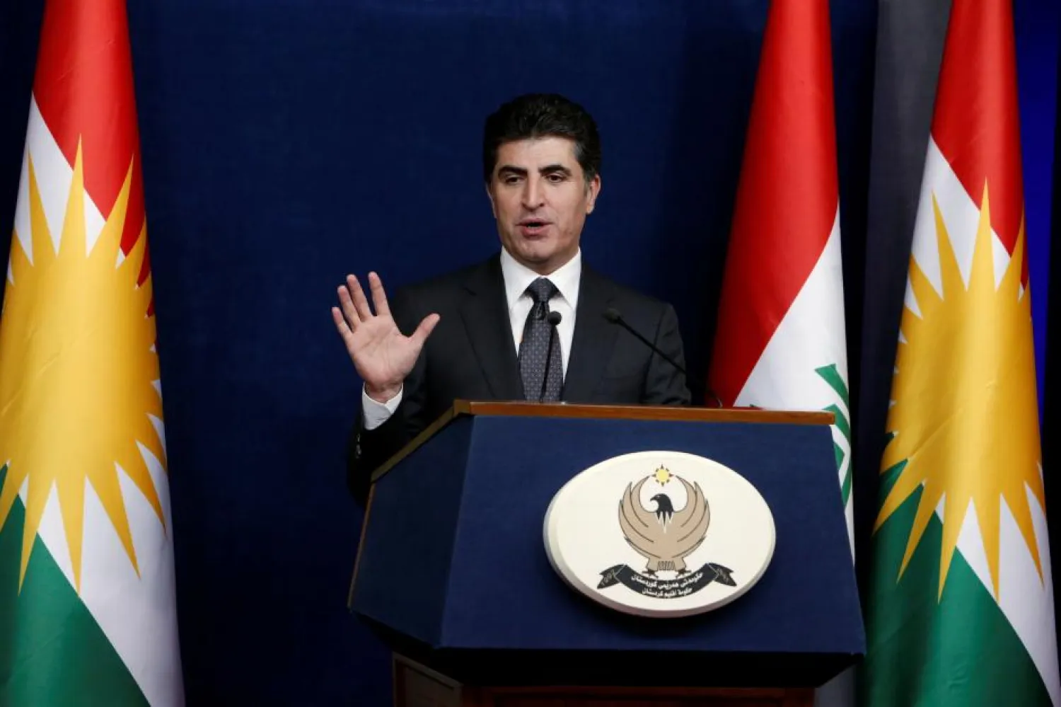 Kurdish region's Prime Minister Nechirvan Barzani speaks during a news conference in Erbil, Iraq. Reuters
