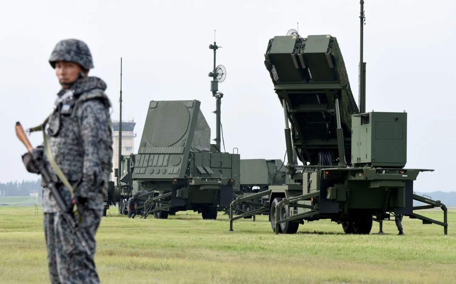Soldiers from the Japan Air Self-Defense Force set up PAC-3 surface-to-air missile launch systems during a temporary deployment drill at the US Yokota Air Base in Tokyo on Aug. 29, 2017. (Toru Yamanaka/AFP via Getty Images)