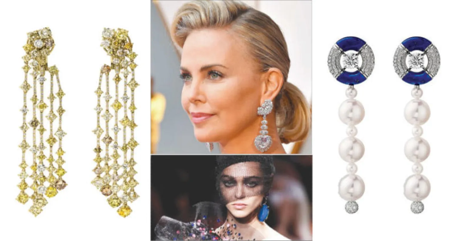 من مجموعة «فلاينغ كلاود» لـ«شانيل»  -  تشارليز ثيرون وقرطان من «شوبار»  -  من عرض «أرماني بريفيه» لخريف وشتاء 2017  -  من دار «ديبيرز»