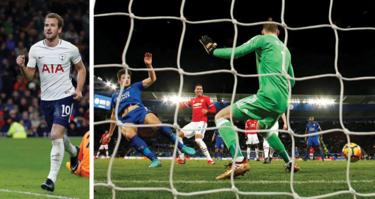 ماغواير لاعب ليستر (يسار) يسجل في مرمى دي خيا ليحرم يونايتد من الفوز (رويترز)  -  كين في حاجة لهدف واحد لتحقيق رقم قياسي في التهديف (رويترز)