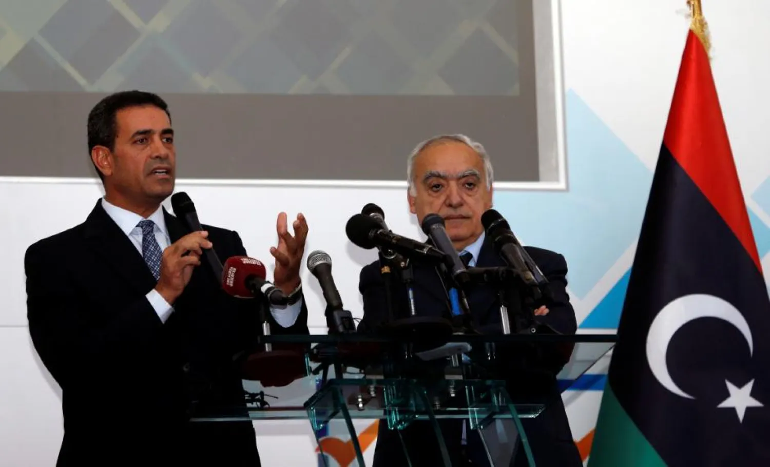 Imad al-Sayeh, head of the High National Election Commission, gestures during a news conference with Ghassan Salameh, UN special representative for Libya. (Reuters)