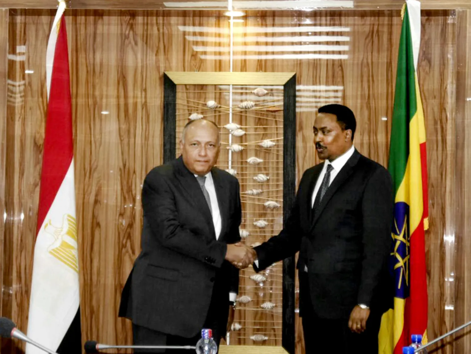 Egyptian Foreign Minister Sameh Shoukry, shakes hands with his counterpart Workneh Gebeyehu, in Addis Ababa, Ethiopia, December 26, 2017. (MENA)
