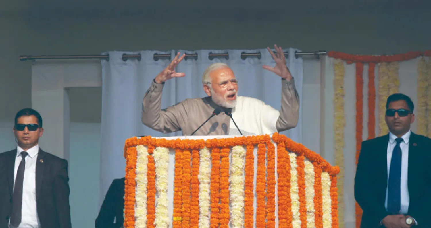 ناريندرا مودي يخاطب أنصاره في دلهي الاثنين الماضي (أ.ب)