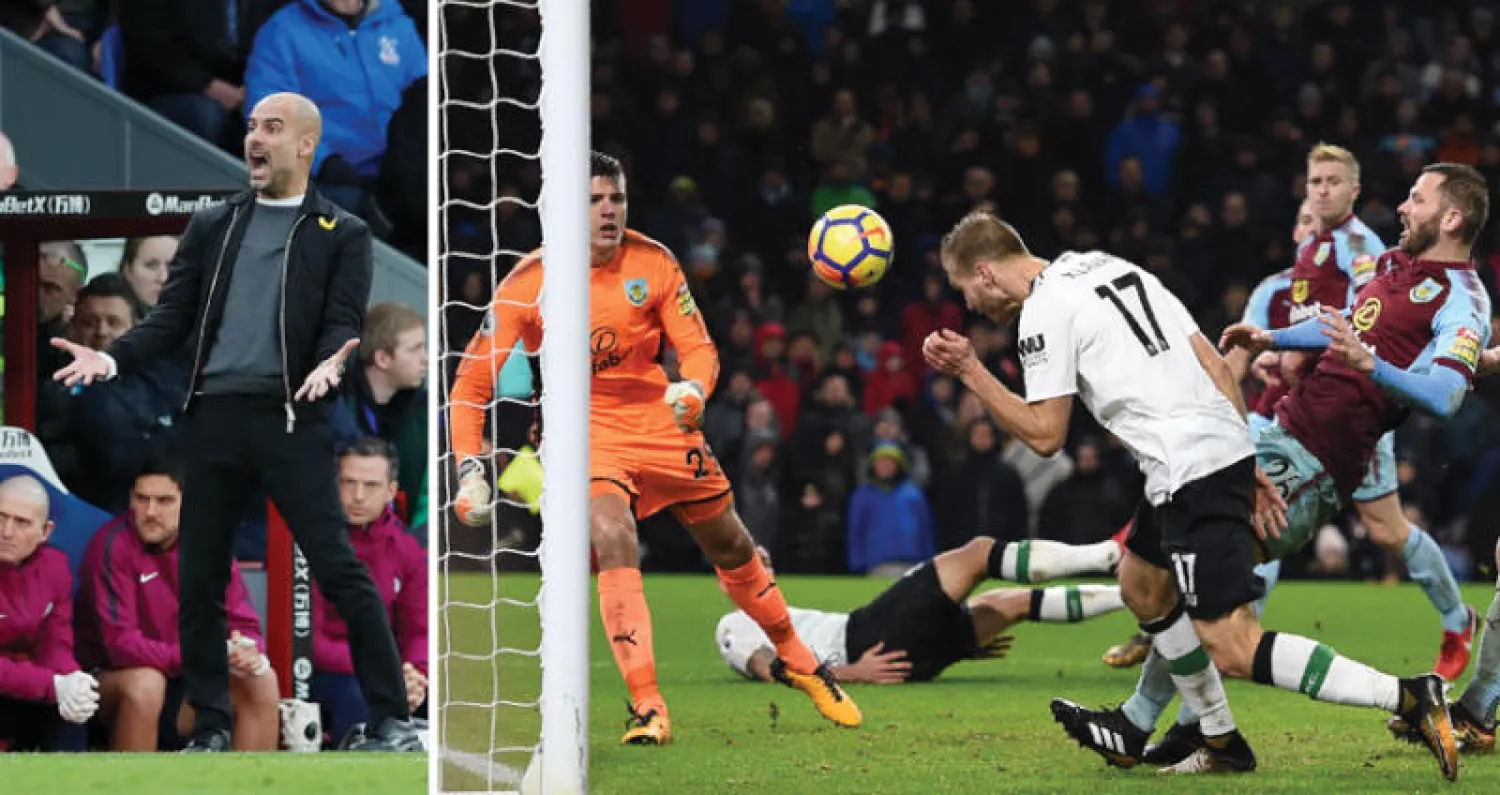 كلافان يسجل برأسه في مرمى بيرنلي ليمنح ليفربول انتصاراً ثميناً (أ.ف.ب)  -  غوارديولا غاضب من التحكيم لعدم حماية لاعبيه (رويترز)