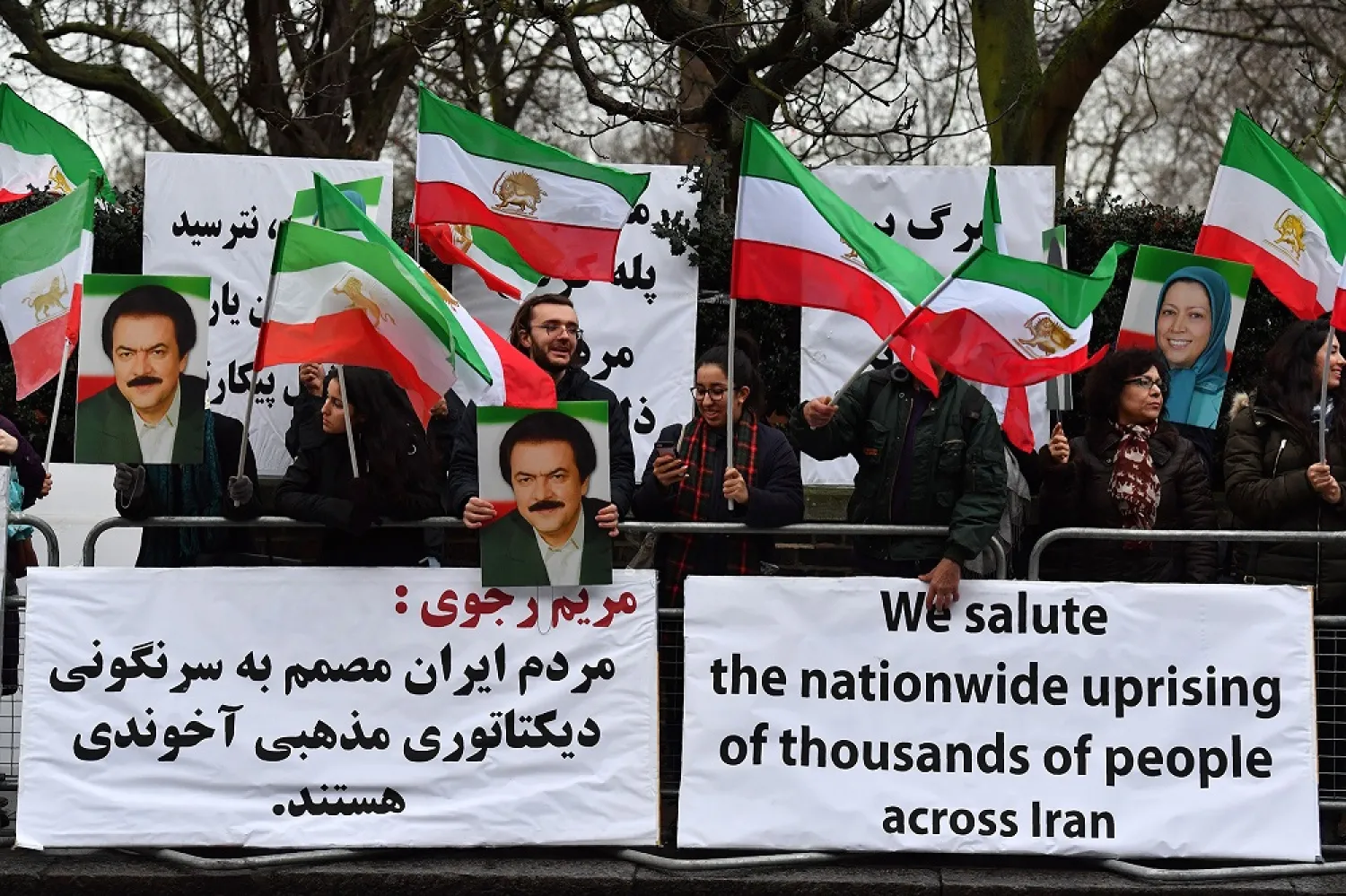 Protesters gather outside the Iranian Embassy in central London on January 2, 2018, in support of demonstrations in Iran against the existing regime. (Getty Images)
