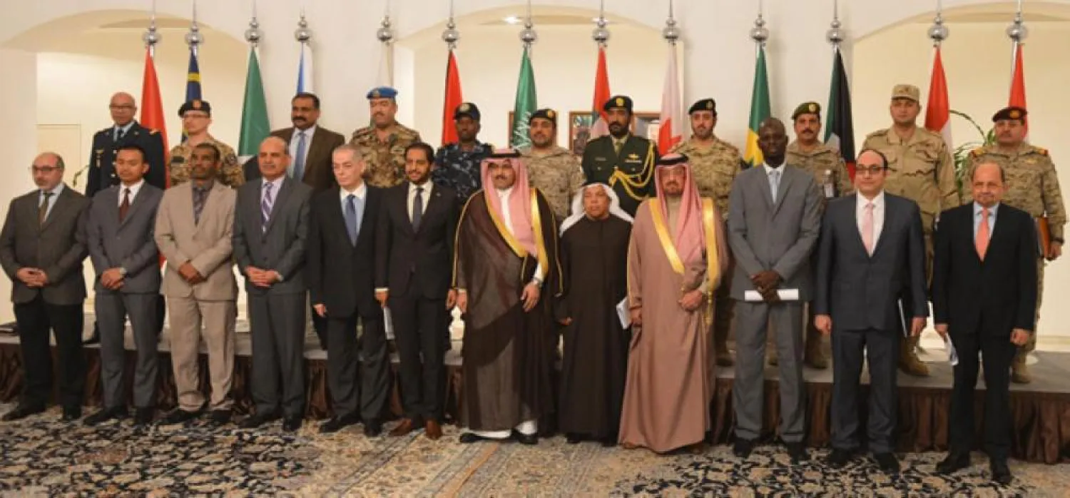 Ambassadors and military attaches from the countries of the Arab Coalition supporting the legitimacy in Yemen pose for a group photo following their meeting in Riyadh on Wednesday. (SPA)