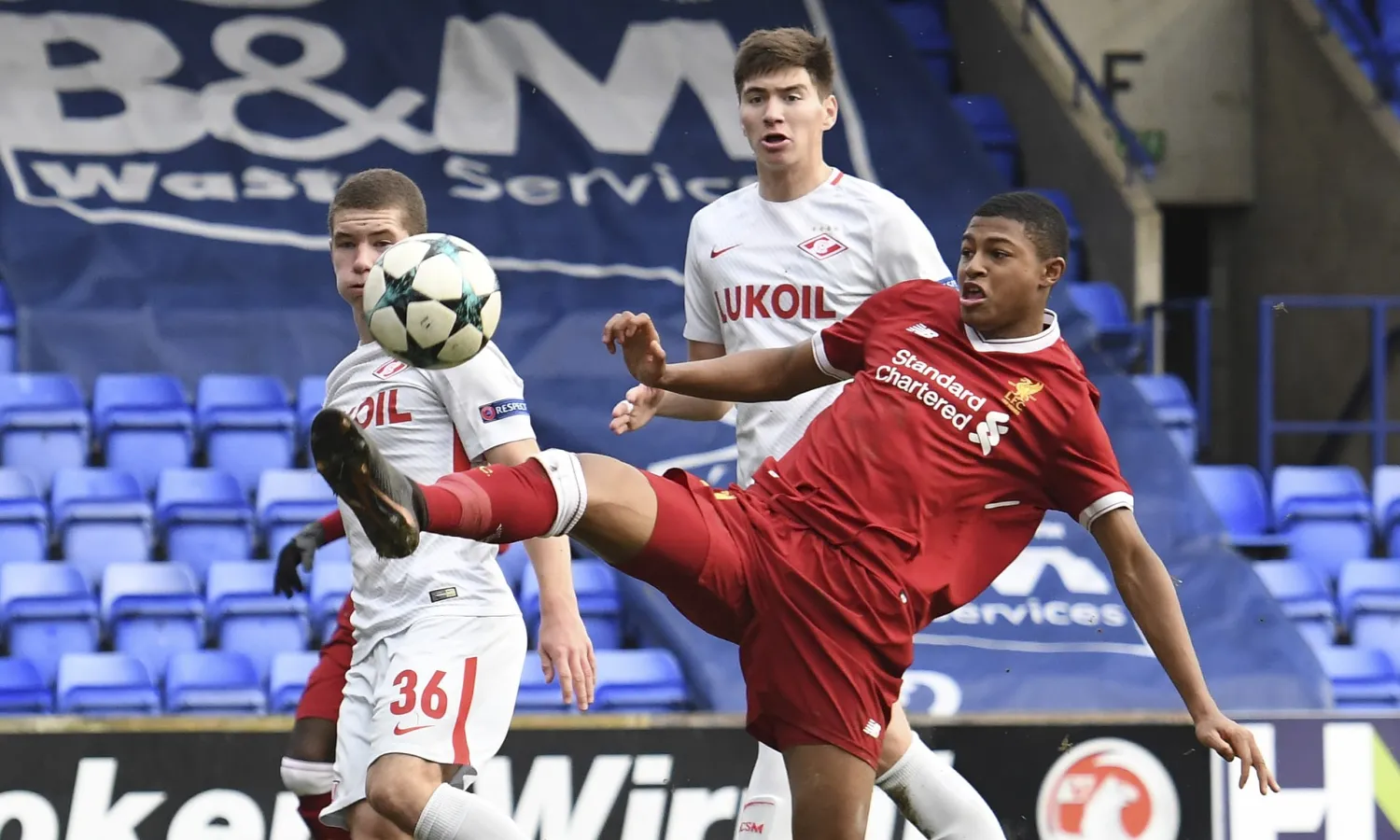 Brewster in action for Liverpool against Spartak Moscow in the Uefa Youth League this month, when he says the most recent incident of racial abuse occurred. 
Photograph: Nick Taylor/Liverpool FC via Getty Images