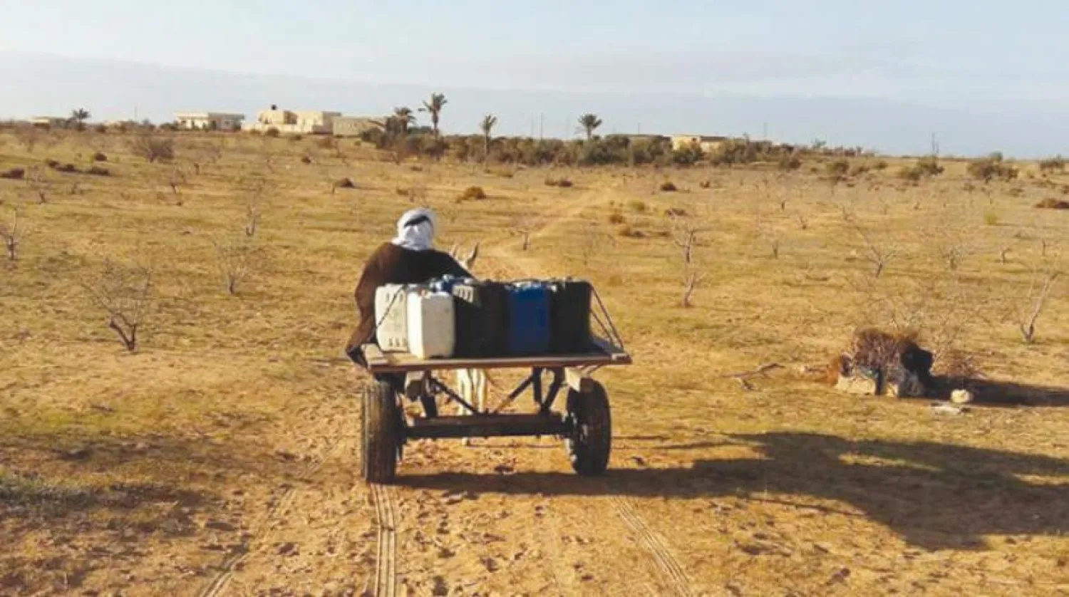 Farmer carrying water on Sheikh Zuwaid road (Asharq Al-Awsat)