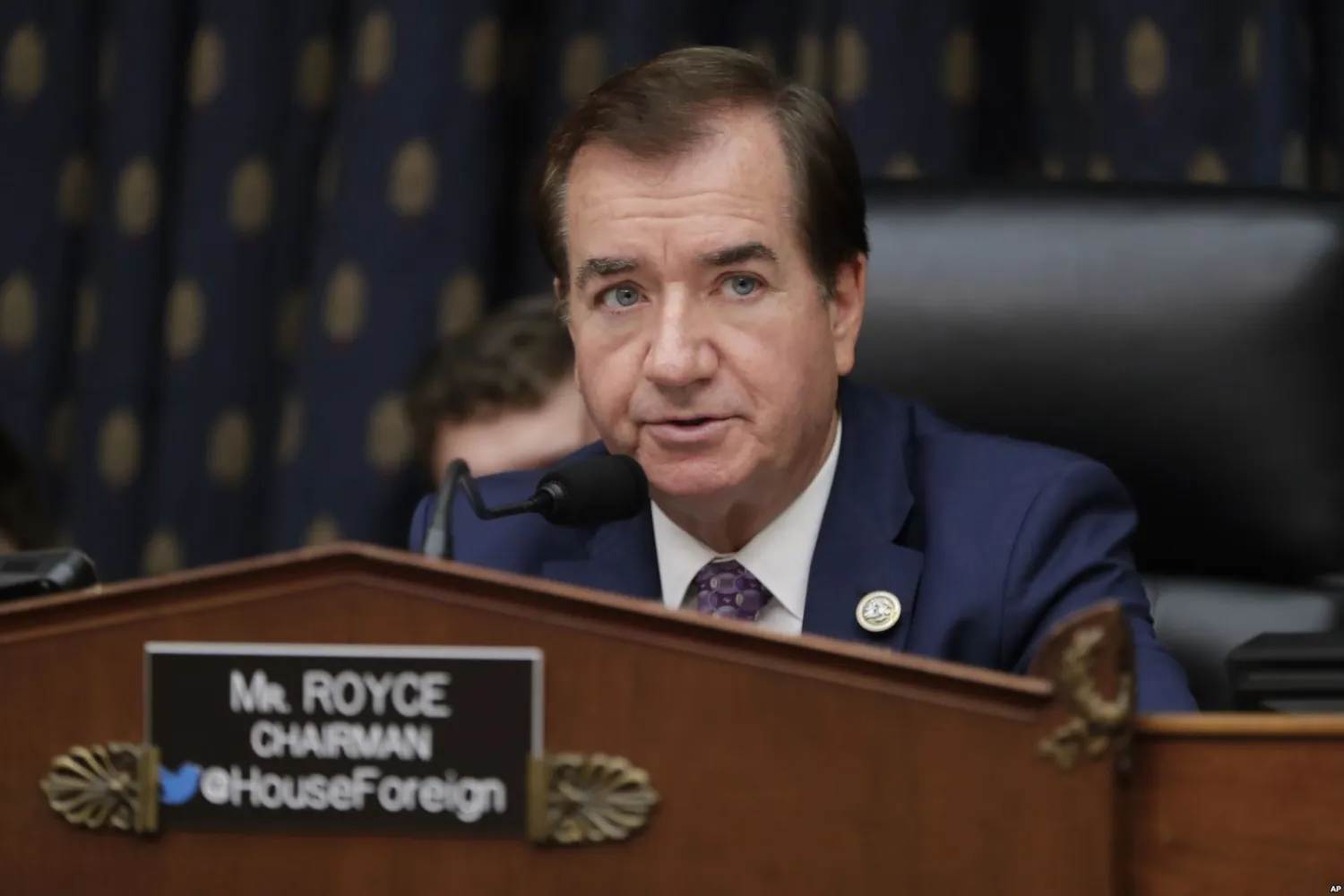 House Foreign Affairs Committee Chairman Ed Royce, R-Calif., presides over a markup of a bill to expand sanctions against Iran with respect to its ballistic missile program, on Capitol Hill in Washington, Oct. 12, 2017. AP