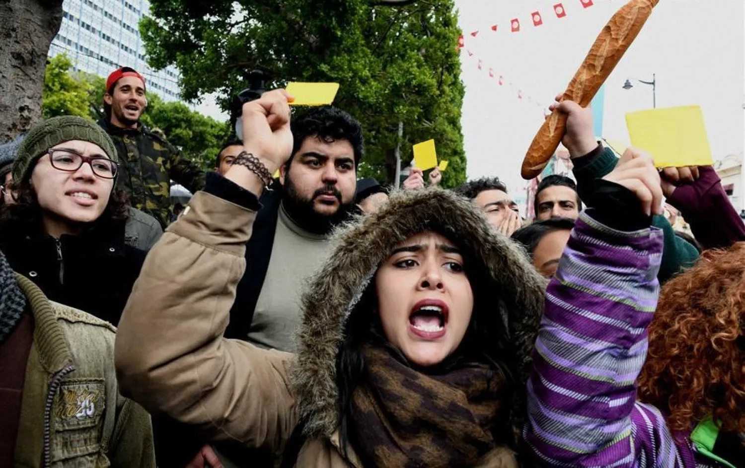 People take part in a protest in Tunis, capital of Tunisia, on Jan. 12, 2018.  (Xinhua/Adele Ezzine)

