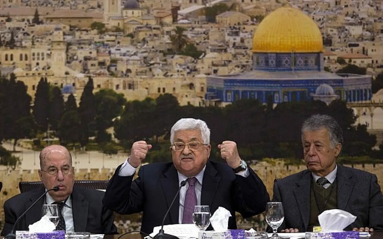 Palestinian Authority President Mahmoud Abbas speaks during a meeting with the Palestinian Central Council, a top decision-making body, at his headquarters in the West Bank city of Ramallah, January 14, 2018. (AP Photo/Majdi Mohammed,l)