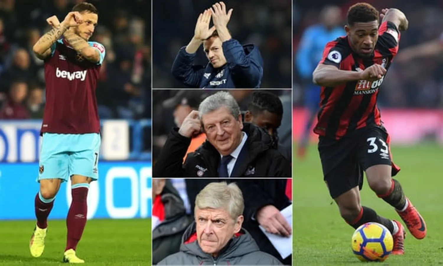  Clockwise from left: Marko Arnautovic, Jonny Evans, Jordan Ibe, Arsene Wénger and Roy Hodgson. Composite: Getty Images, Reuters, JMP/Rex/Shutterstock
