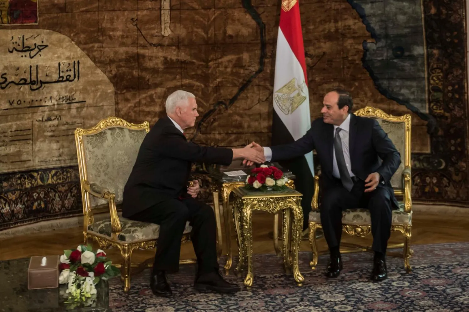 Egyptian President Abdul Fattah al-Sisi shakes hands with with US Vice President Mike Pence during their meeting in Cairo, Egypt. (Reuters)