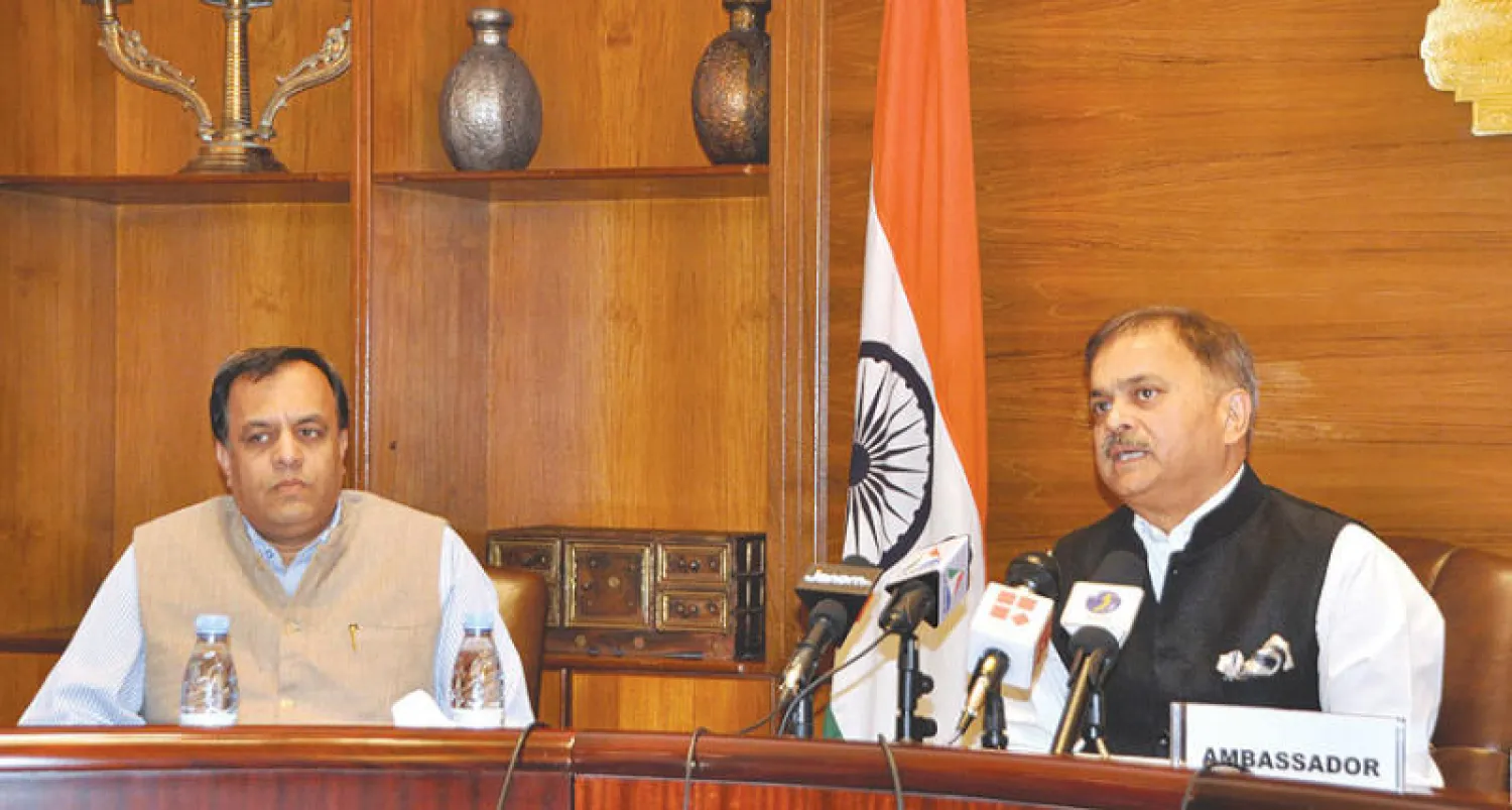 السفير الهندي في الرياض أحمد جاويد خلال مؤتمر صحافي («الشرق الأوسط»)