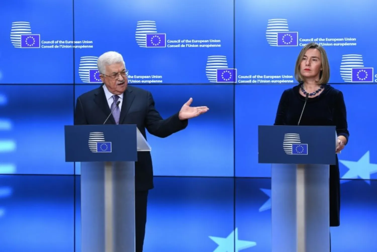 Palestinian President Mahmoud Abbas meets EU High Representative of the European Union for Foreign Affairs Federica Mogherini in Brussels. (AFP)