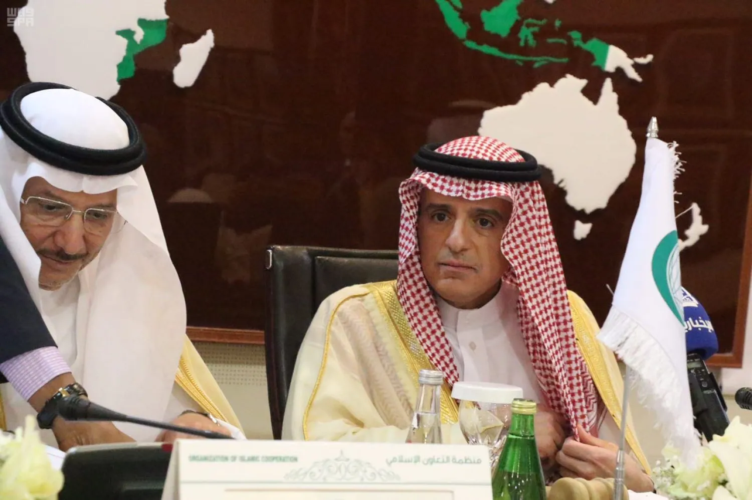 Saudi FM Adel al-Jubeir speaks during the emergency meeting of the Council of Foreign Ministers of the Organization of Islamic Cooperation in Jeddah. (SPA)