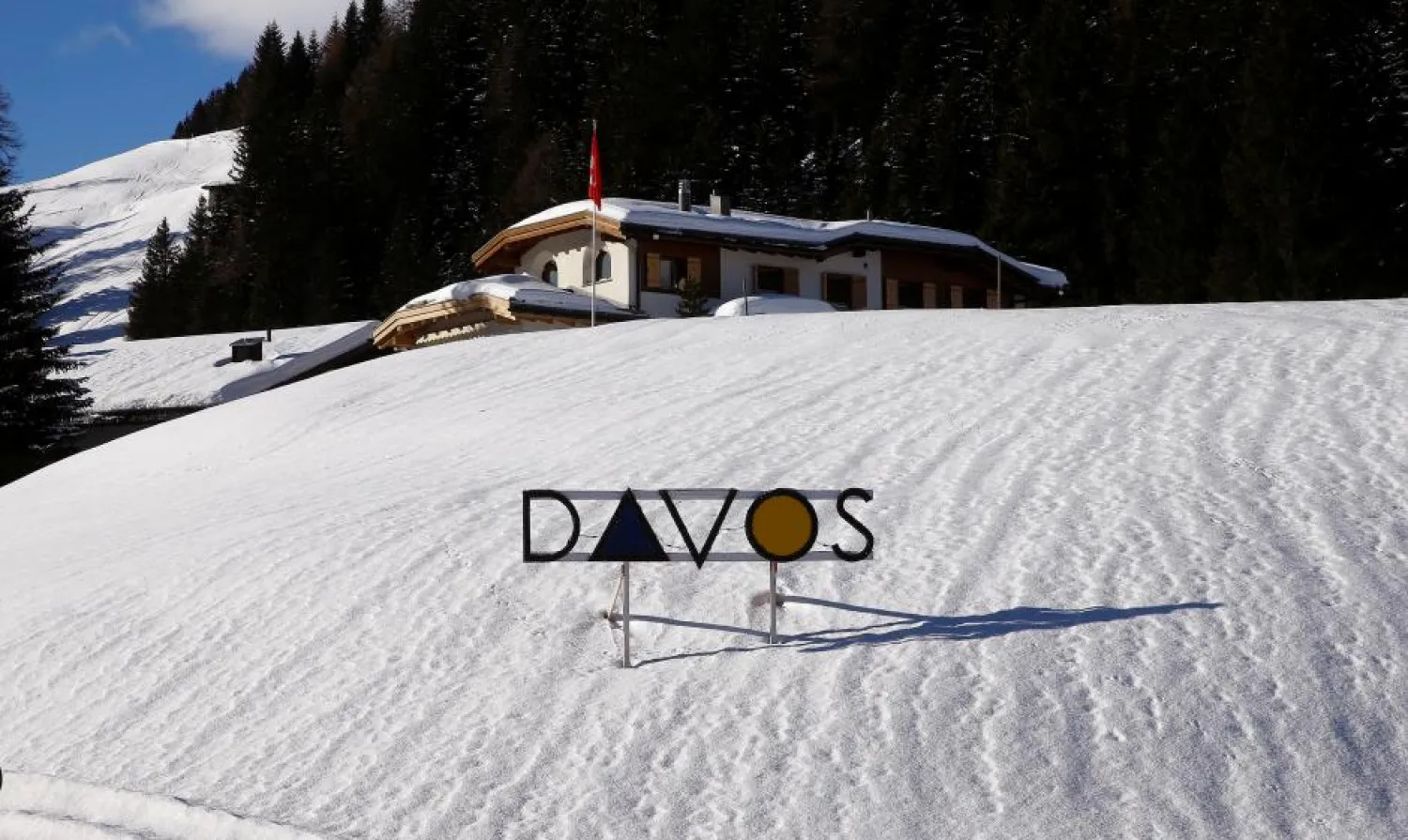 The logo of the town is seen in the Swiss mountain resort of Davos, Switzerland, January 11, 2018. (Reuters)