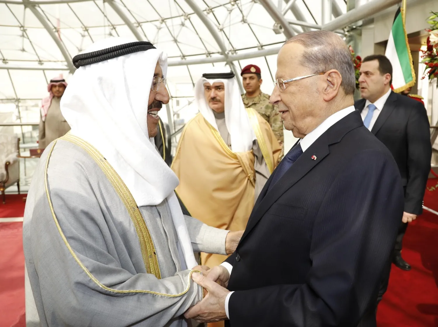 Kuwaiti Emir Sheikh Sabah Al-Ahmad Al-Jaber Al Sabah welcomes Lebanese President Michel Aoun in Kuwait City (Dalati & Nohra)
