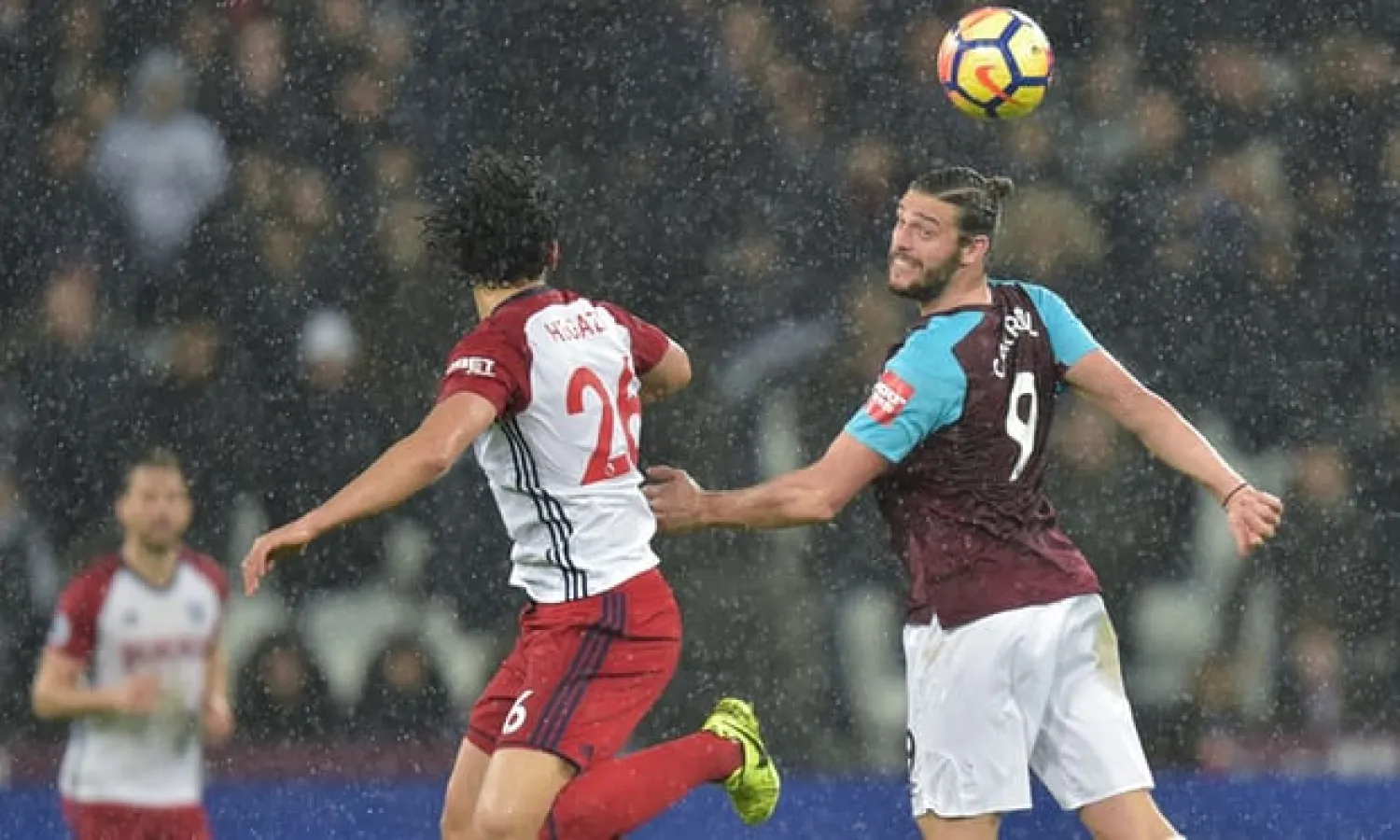 Andy Carroll (right) in the air is a fearsome sight but his injuries and teams’ worse crossing makes him less effective than he once was. Photograph: Joe Toth/BPI/Rex/Shutterstock
