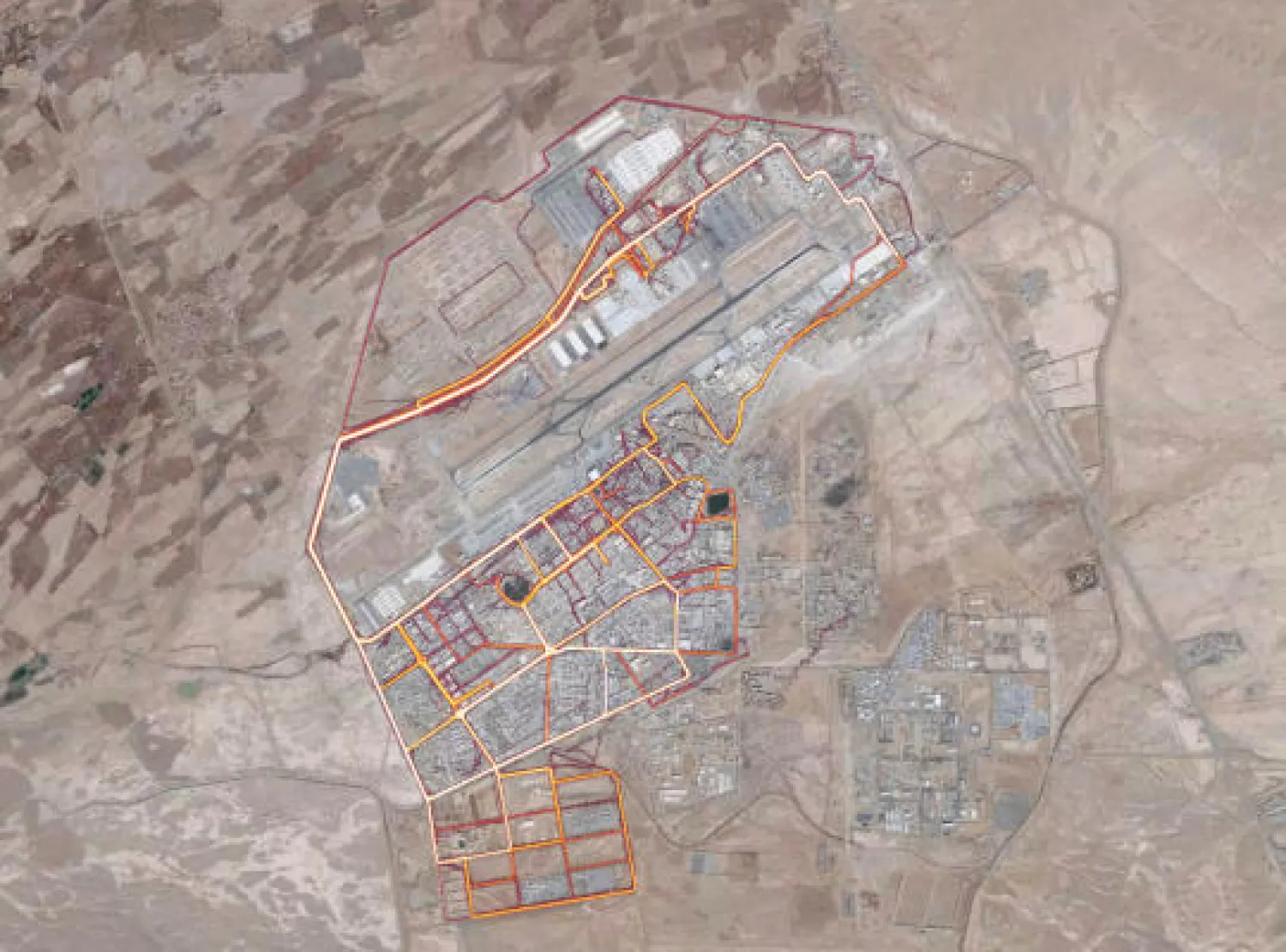 A portion of the Strava Labs heat map from Kandahar Airfield in Afghanistan, made by tracking activities. (Screenshot from Strava Labs)
