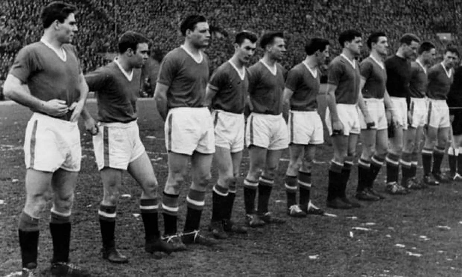  Manchester United line up at Red Star Belgrade on 5 February 1958, the day before the plan crash. Photograph: Keystone/Getty Images