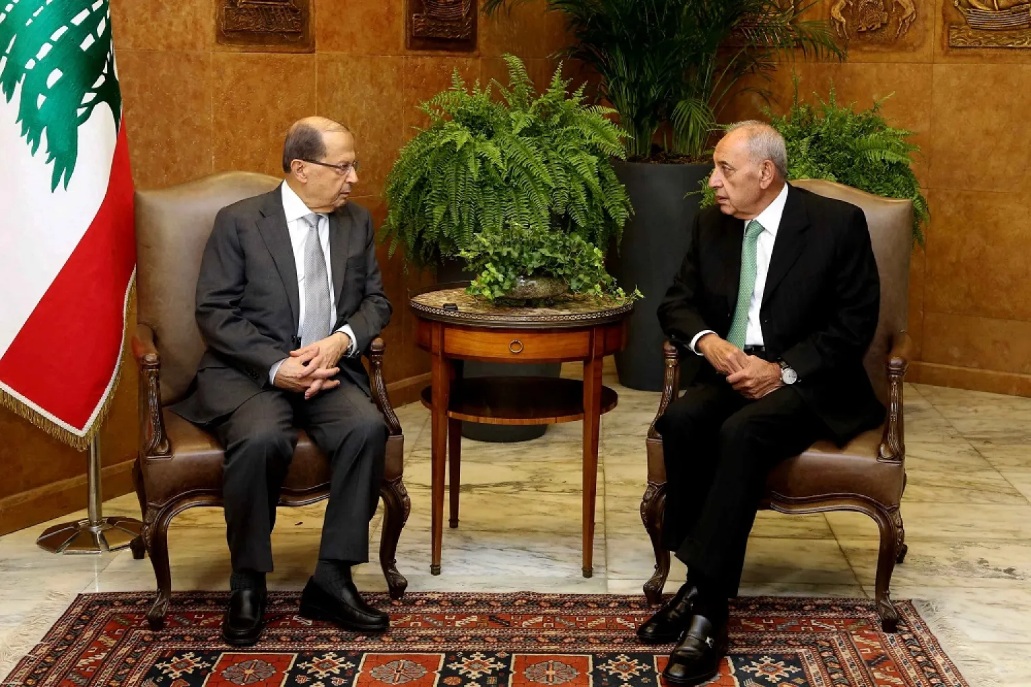 Lebanese President Michel Aoun meets with Speaker Nabih Berri at the Baabda presidential palace. (Reuters)