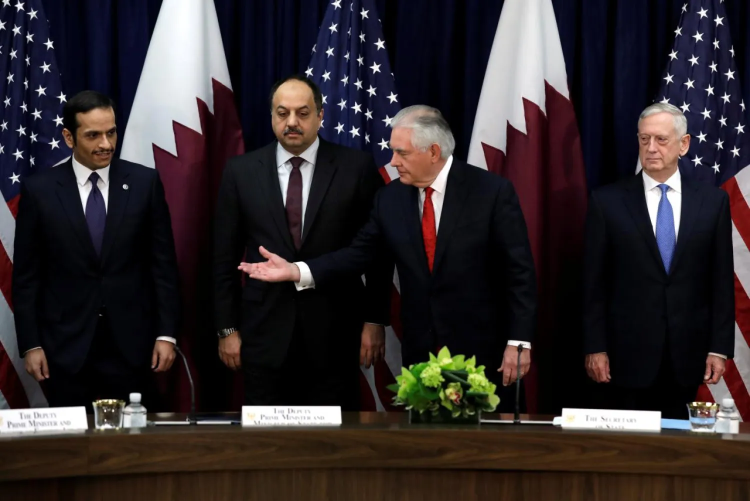 US Secretary of State Rex Tillerson (2nd R) next to Defense Secretary Jim Mattis (R) welcomes Qatari Foreign Minister Sheikh Mohammed bin Abdulrahman Al Thani (L) and Defense Minister Khalid bin Muhammad al-Attiyah at the opening session of the inaugural US-Qatar Strategic Dialogue at the State Department in Washington, US, January 30, 2018. REUTERS/Yuri Gripas
