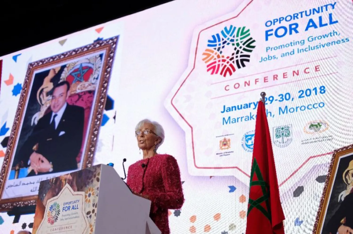 International Monetary Fund Managing Director Christine Lagarde addresses an IMF economic conference in Marrakesh on January 30, 2018 (AFP Photo/STR) 