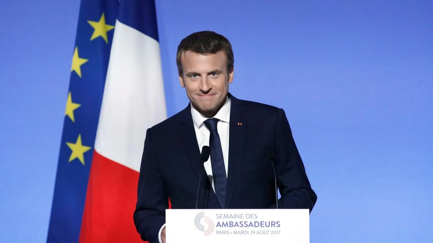 French President Emmanuel Macron looks on as he addresses French ambassadors during the annual gathering of French diplomatic corps at the Elysee Palace in Paris, on August 29, 2017. AFP PHOTO