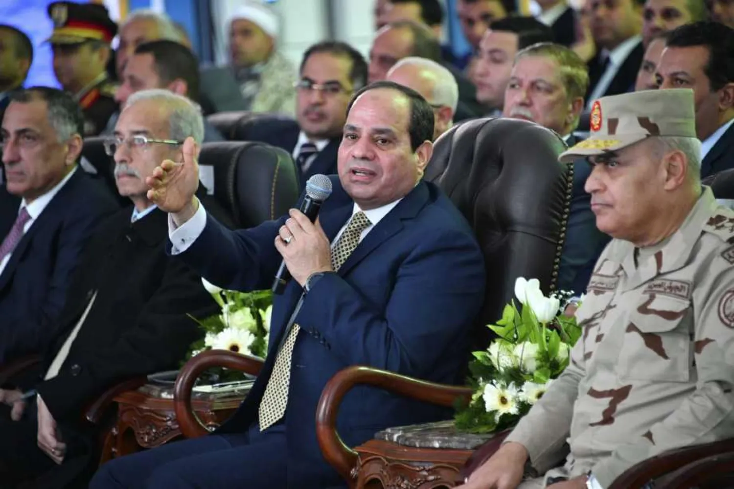 Egyptian President Abdel Fattah el-Sisi speaks during a ceremony marking the start of a massive gas project with Italian energy firm Eni, Wednesday Jan. 31, 2018. AP