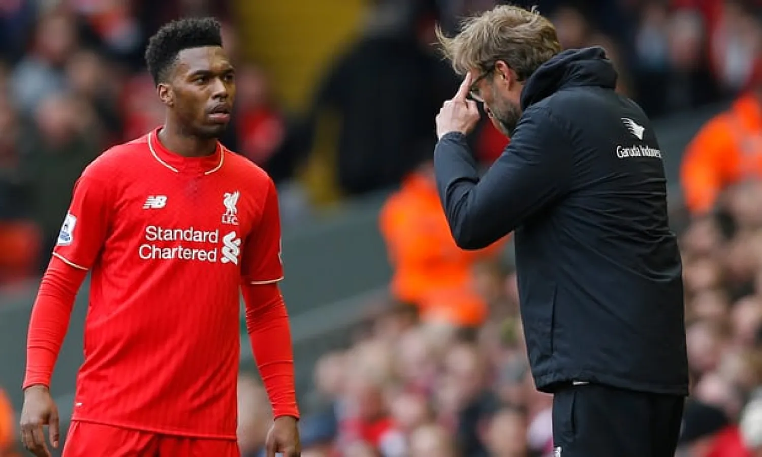  Liverpool manager Jürgen Klopp talks to Daniel Sturridge, but the England striker’s time at Anfield looks to be over after he joined West Bromwich Albion on loan. Photograph: Carl Recine/Reuters
