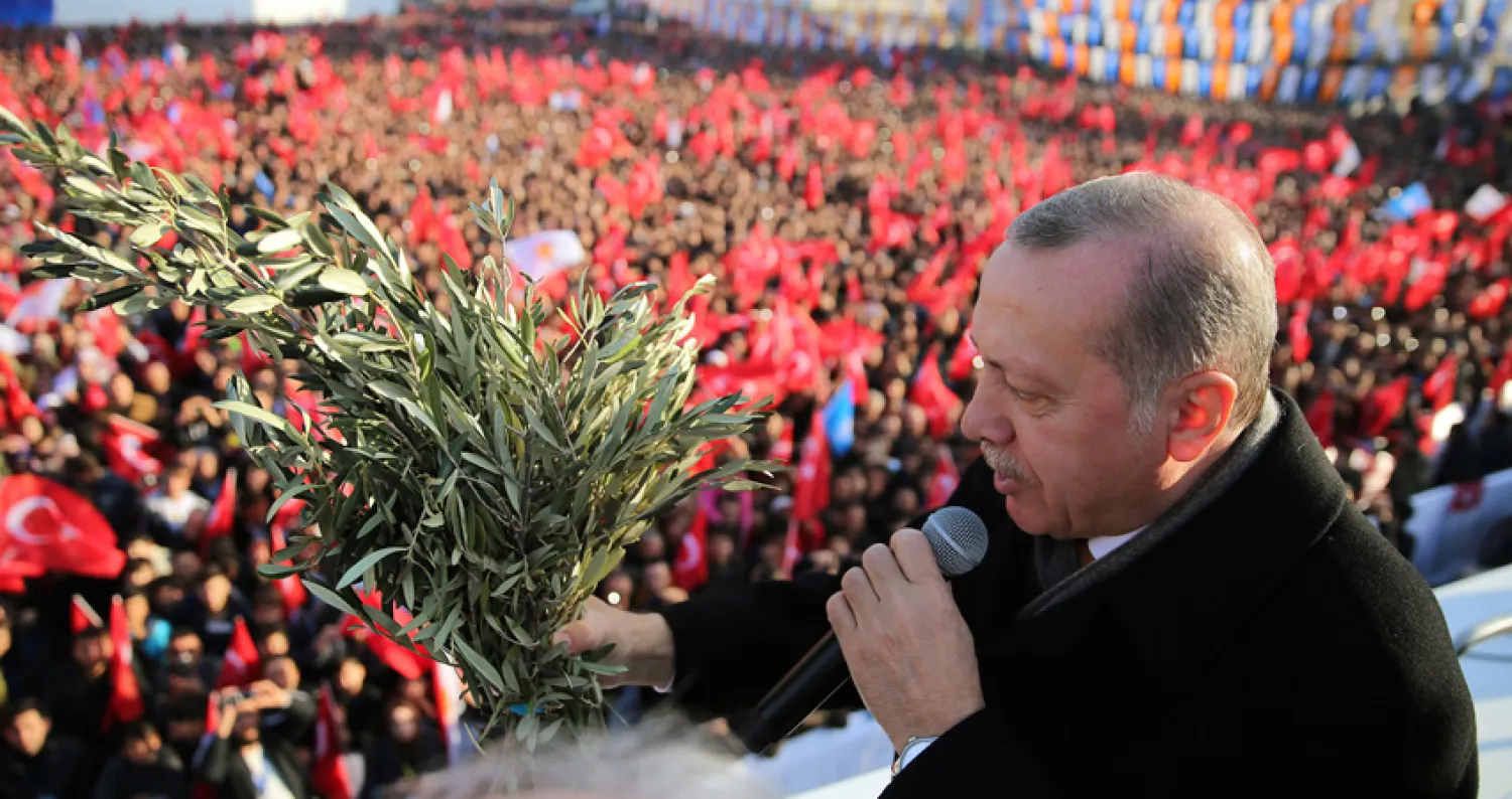 الرئيس التركي رجب طيب إردوغان في مدينة باتمان يحمل غصن زيتون أثناء إلقائه خطاباً أمام حزبه وحديثه عن معركة عفرين (أ.ب)