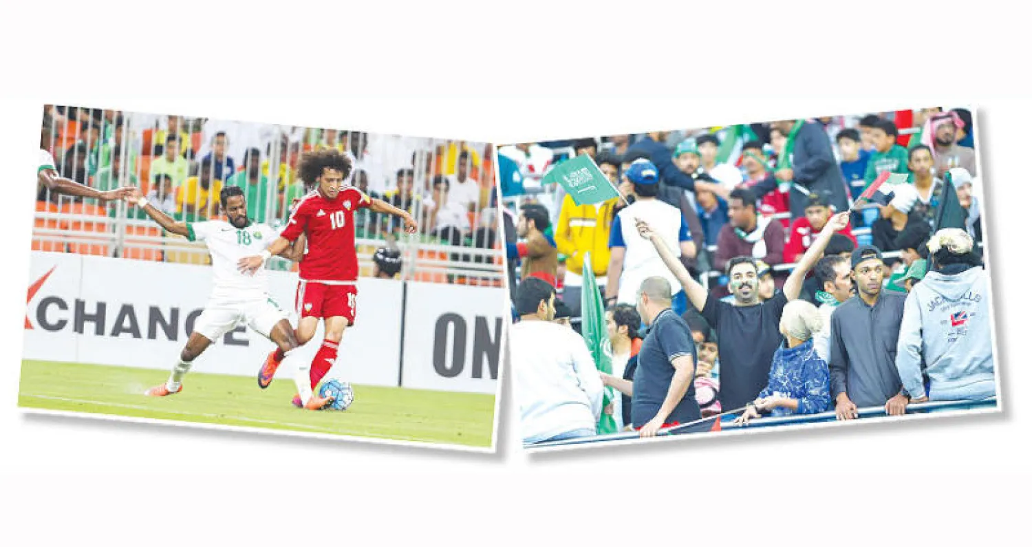 الجماهير الإماراتية والسعودية باتت مضرب مثل في تجسيد التوحد من الجانبين («الشرق الأوسط») - التناغم السعودي – الإماراتي بات واضحاً حتى في المباريات التي تجمع المنتخبات (تصوير: عبد العزيز النومان)