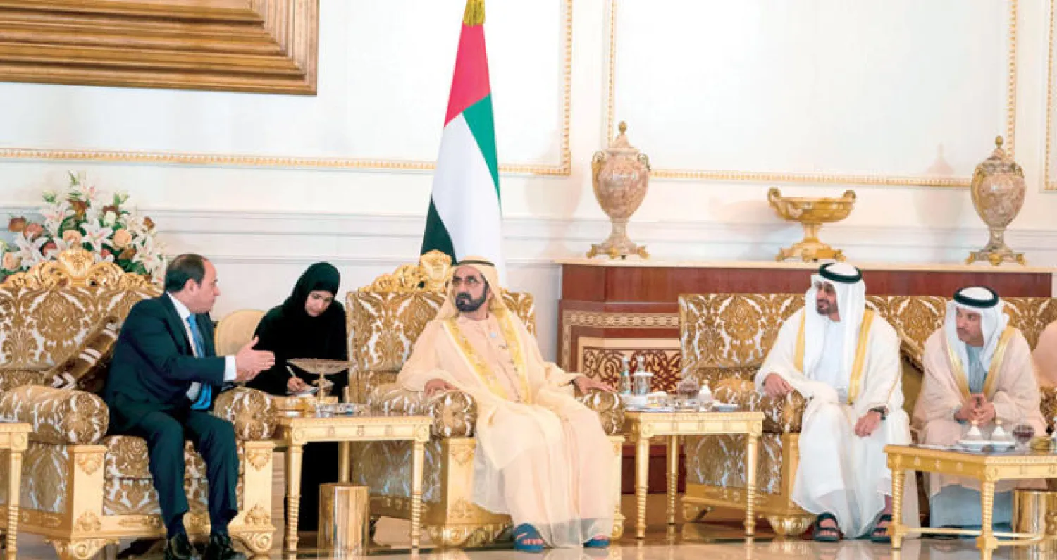 الشيخ محمد بن راشد والشيخ محمد بن زايد خلال لقائهما الرئيس عبد الفتاح السيسي (وام)