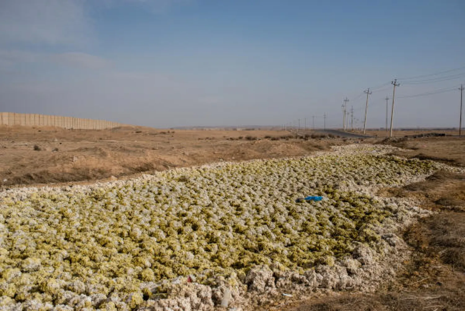 A dried sulfur spill, caused by a factory fire set by ISIS fighters, extends from a wall around the plant to the road on Jan. 18 in Qayyarah, Iraq. MUST CREDIT: Photo for The Washington Post by Alex Potter
