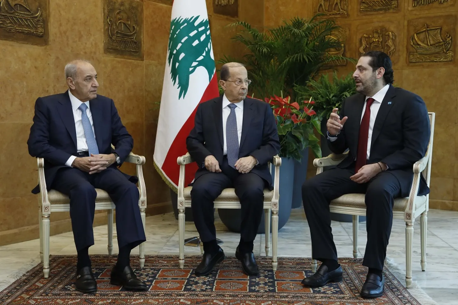 Lebanese President Michel Aoun, Speaker Nabih Berri and Prime Minister Saad Hariri meet at the Baabda presidential palace. (Dalati & Nohra)