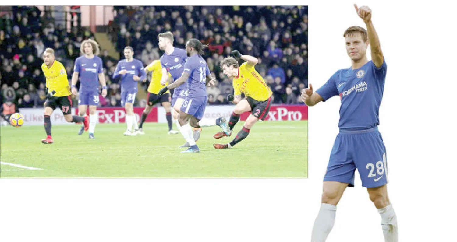 أزبيليكويتا مدافع تشيلسي واثق بقدرة فريقه (رويترز) - جانمات مدافع واتفورد يحرز هدفاً ضمن الرباعية التي هزت أرجاء تشيلسي (رويترز)