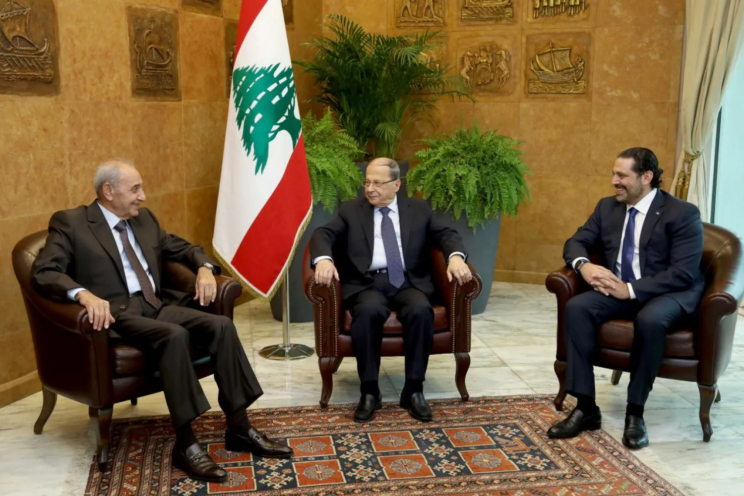 President Michel Aoun, Speaker Nabih Berri and Prime Minister Saad al-Hariri meet at the Presidential Palace in Baabda on Tuesday (Dalati & Nohra)