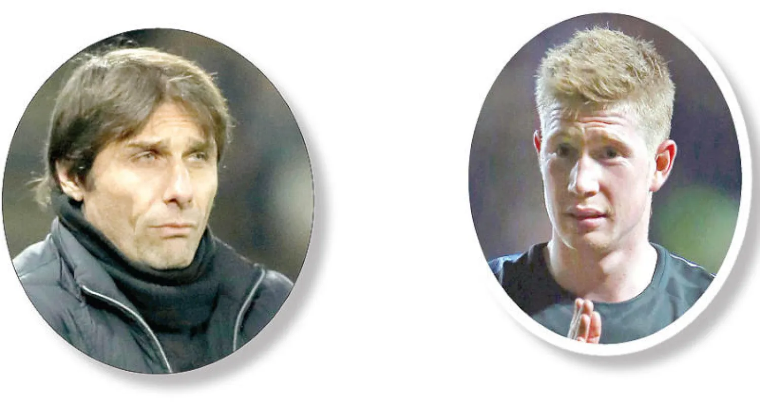 دي بروين (أ.ف.ب) - كونتي مدرب تشيلسي (رويترز)