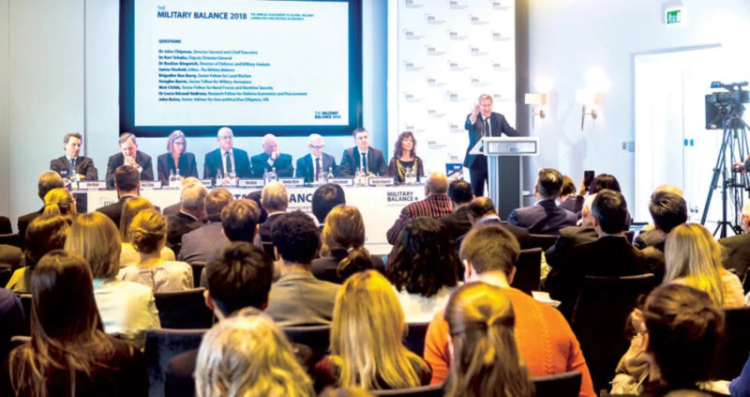 جانب من جلسة استعراض تقرير {التوازن العسكري} في لندن أمس (تصوير: جيمس حنا)