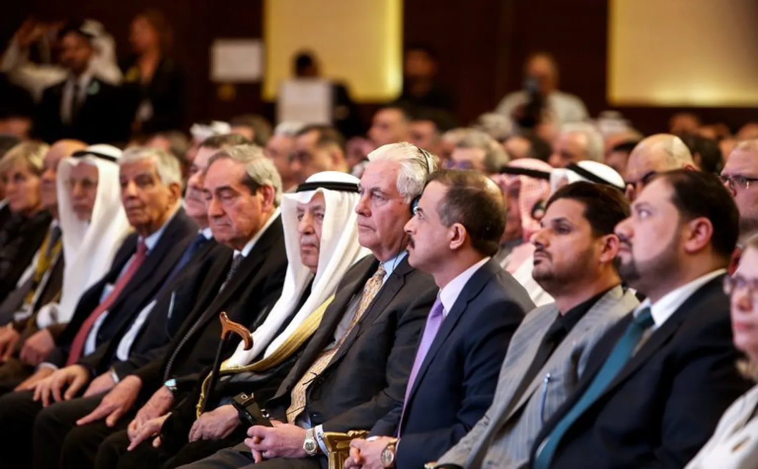 Secretary of State Rex W. Tillerson, center, joined other top diplomats in Kuwait for a three-day donor conference on rebuilding Iraq, which ends on Wednesday. (Agence France-Presse)