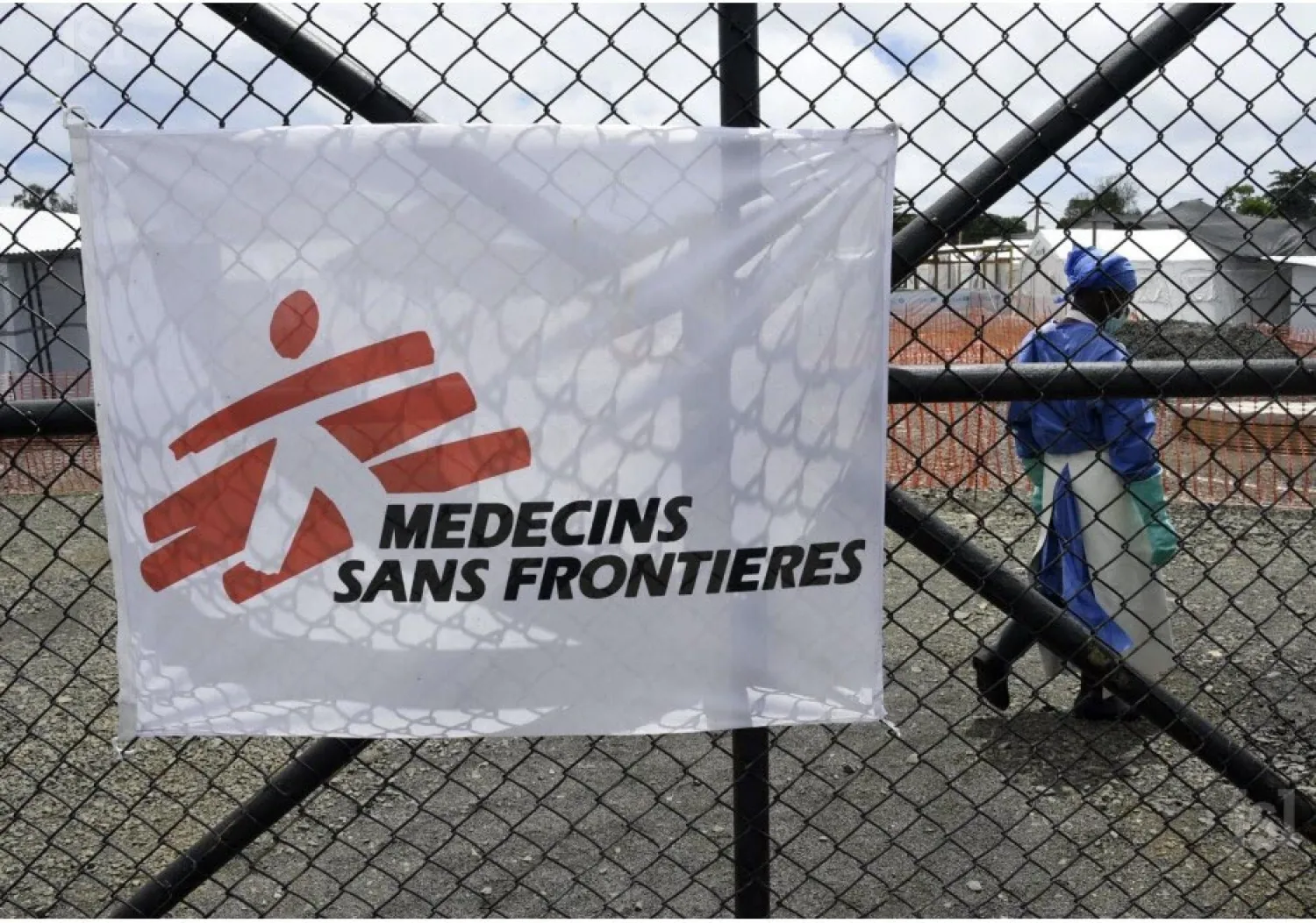 This file photo shows the entrance of the Ebola treatment center of aid agency Doctors Without Borders, known by its French initials MSF (Medecins Sans Frontieres), in Liberia on October 3, 2014. Pascal Guyot/AFP