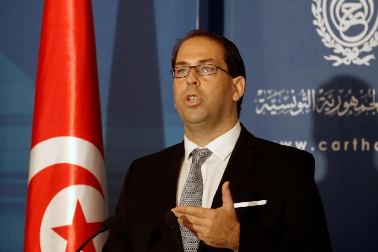 Tunisia's Prime Minister-designate Youssef Chahed speaks during a news conference after his meeting with Tunisia's President Beji Caid Essebsi (not pictured) in Tunisia, Tunis August 3, 2016. REUTERS/Zoubeir Souissi