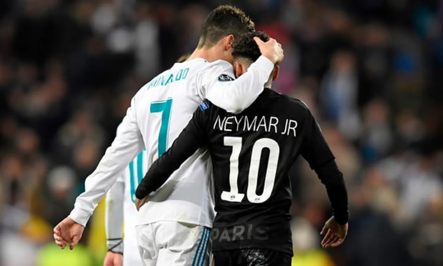  Cristiano Ronaldo and Neymar before half-time on Wednesday night. Photograph: Gabriel Bouys/AFP/Getty Images
