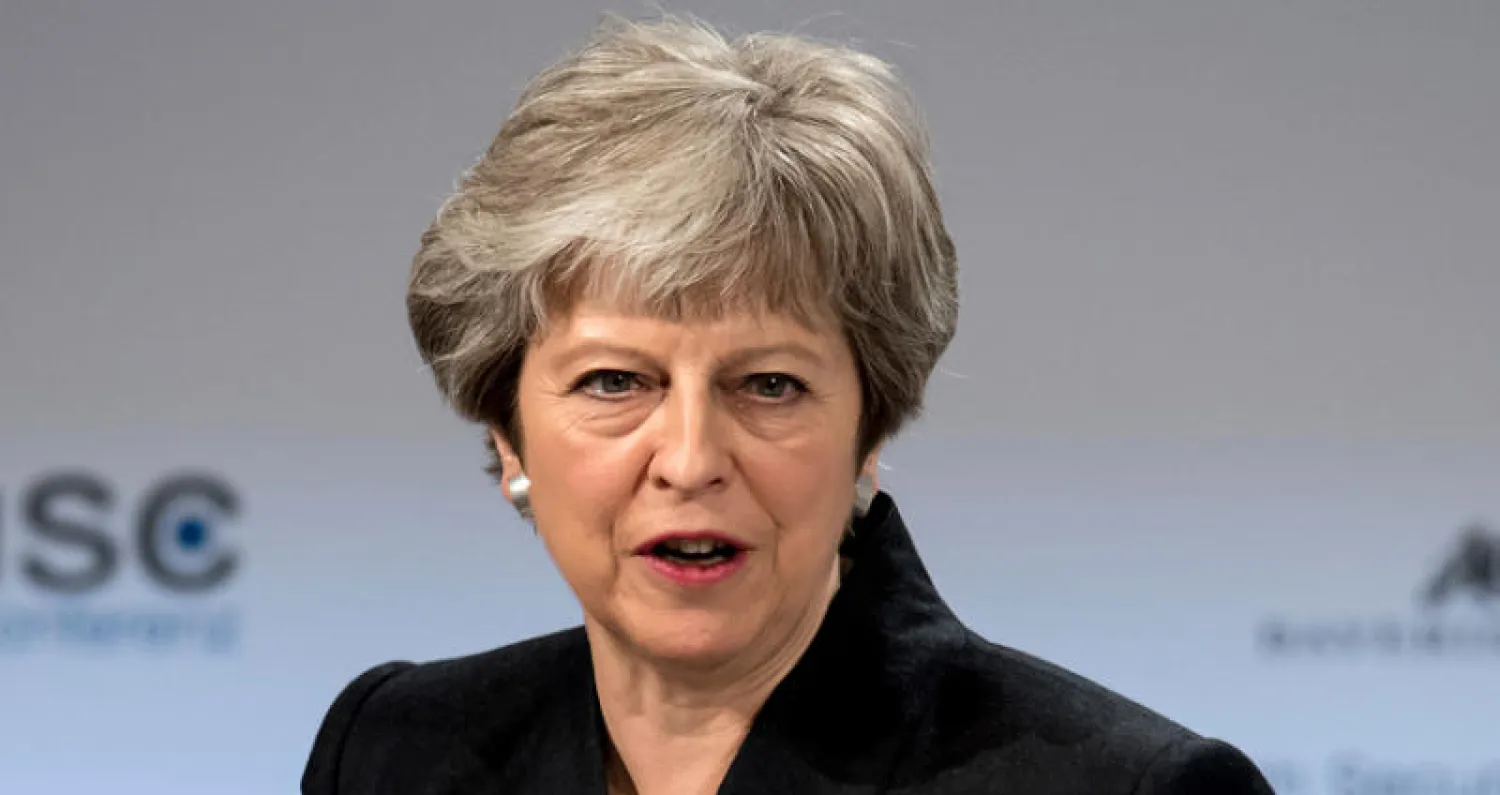 رئيسة وزراء بريطانيا تيريزا ماي خلال خطابها يوم السبت في مؤتمر الأمن الدولي في ميونخ (أ.ب)