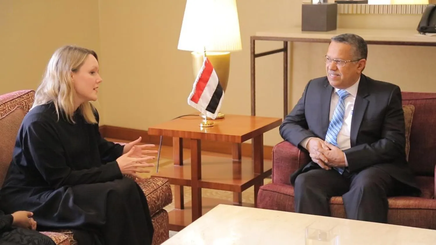 Prime Minister Ahmad Obeid Ben-Daghr with UK Charge d' Affairs in Yemen Fauna Walker. (Saba News)