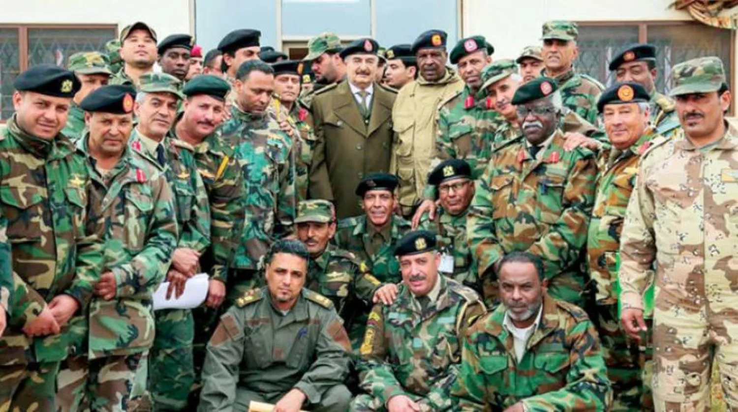  Haftar with leaders of the Special Deterrence Force (SDF. Asharq Al-Awsat Arabic