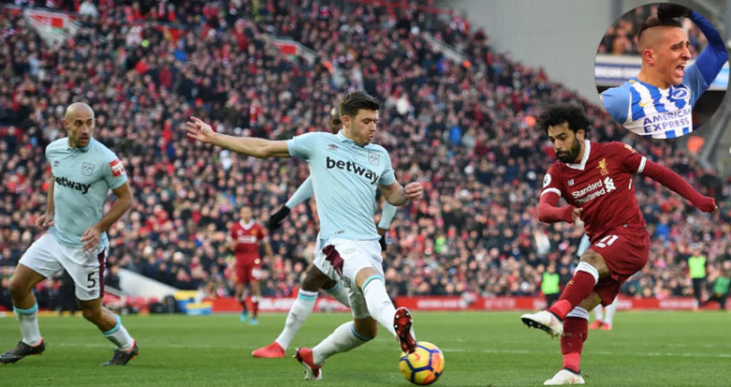 محمد صلاح يحرز هدف ليفربول الثاني (أ.ف.ب) - أنتوني كونكارت بعد إحرازه هدف برايتون الثالث (رويترز)