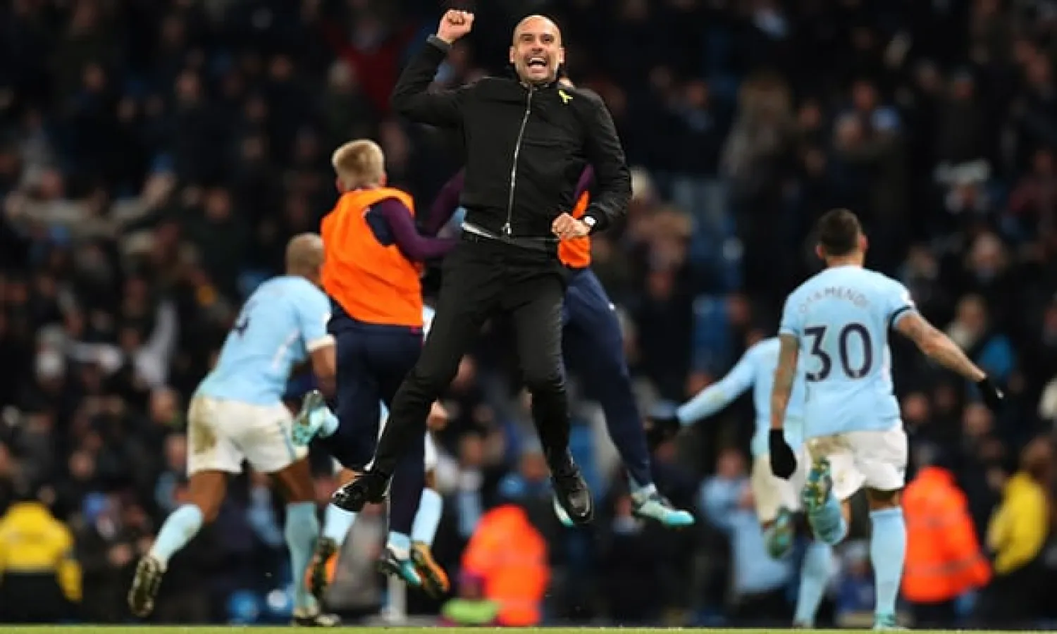  Pep Guardiola, here celebrating Manchester City’s late win over Southampton in November, seems likely to spend a minimum of five years at the club. Photograph: Manchester City FC/Man City via Getty Images
