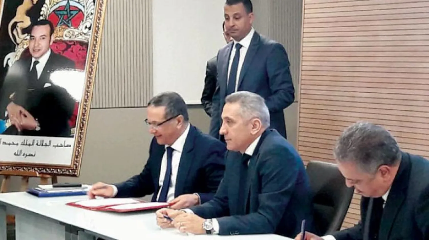 Minister of Industry, Investment, Trade and Digital Economy Moulay Hafiz al-Alami and Minister of Economy and Finance Mohamed Boussaid at the signing ceremony (Asharq Al-Awsat)